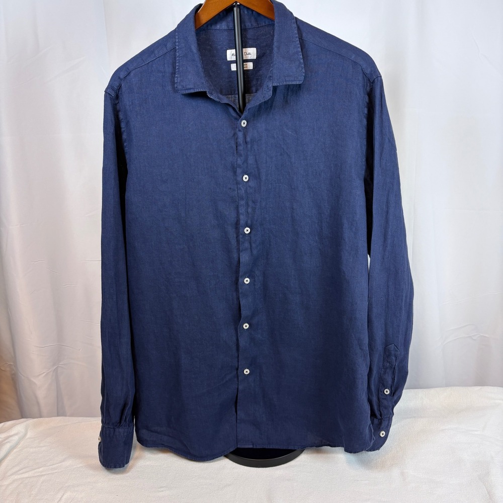 Massimo Dutti Mens Navy Blue 100% Linen Long Sleeve Button Up Shirt XL Luxury